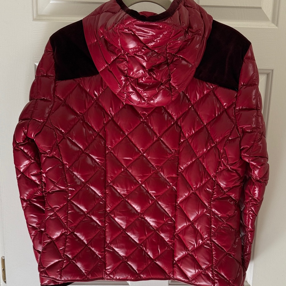 Moncler Quilted Red Hooded Goose Down Jacket w/Burgundy Velvet Accents & Trim - Picture 5 of 13